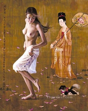 ヌード Painting - 散る花の中国人少女のヌード